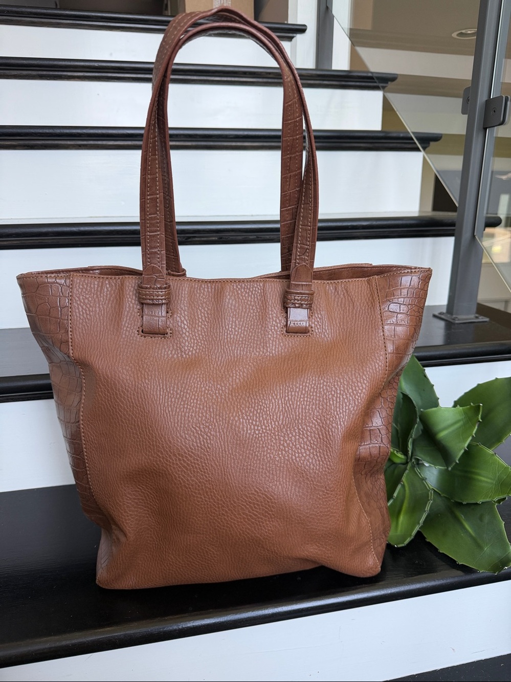 Croft & Barrow vegan leather tote shoulder bag brown croc accent large purse